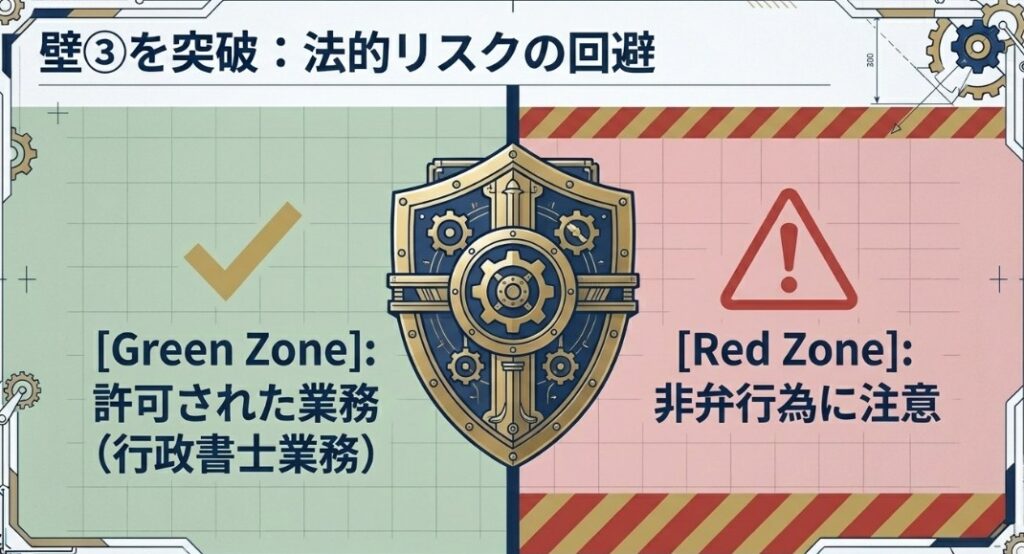 行政書士業務における許可されたグリーンゾーンと、非弁行為に該当するレッドゾーンを区別し、法的リスクを回避する第3の壁の突破を示す盾