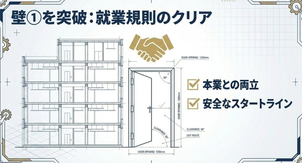 会社員の就業規則という第1の壁を突破し、本業と両立しながら安全なスタートラインに立つことを表現
