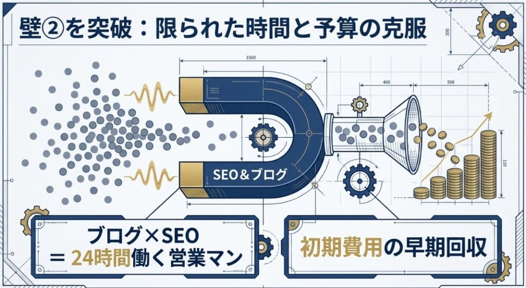 限られた時間と予算という第2の壁を突破するため、ブログとSEOを24時間働く営業マンとして活用し、初期費用の早期回収を図る仕組み
