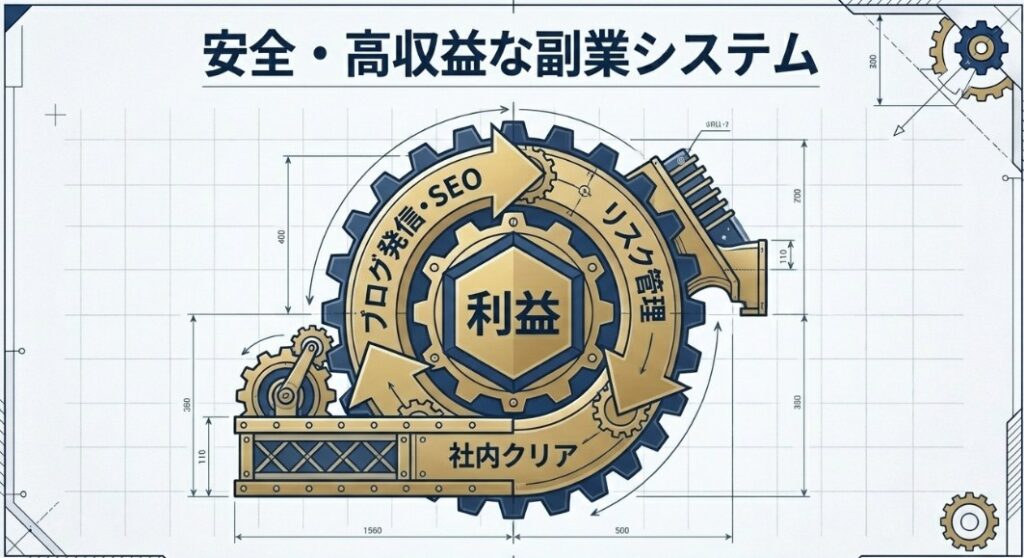 ブログ発信、SEO、社内ルールのクリア、リスク管理が噛み合うことで利益を生み出す、安全・高収益な副業システムを表した歯車