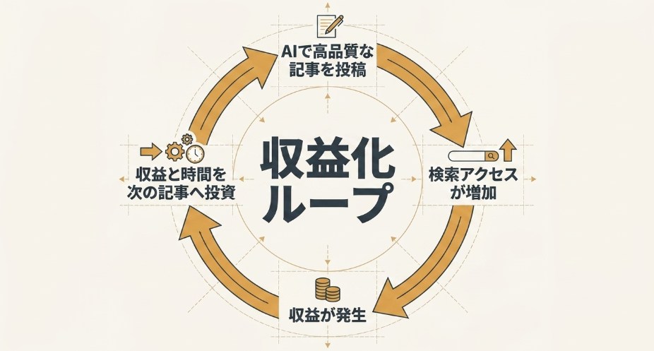 AIを活用した高品質な記事投稿から始まる収益化ループの図解