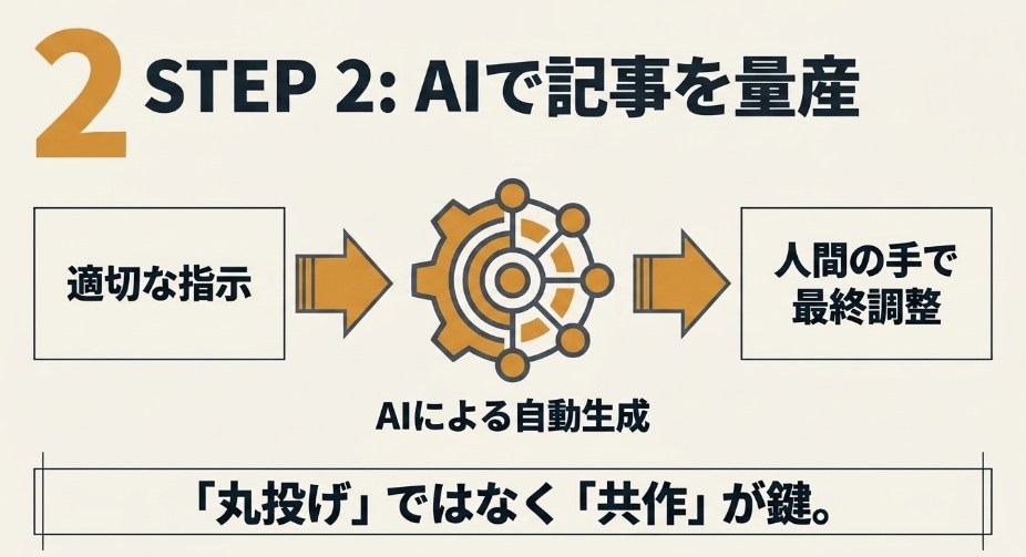 STEP2：AIによる自動生成と人間の手による最終調整での記事作成
