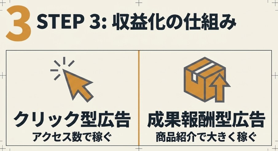 STEP3：クリック型広告と成果報酬型広告を用いた収益化の仕組み