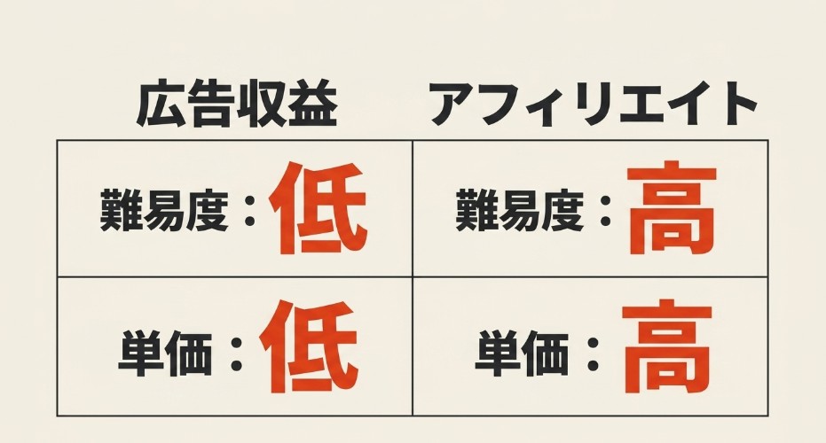 ブログの広告収益とアフィリエイトについて難易度と単価を比較した図