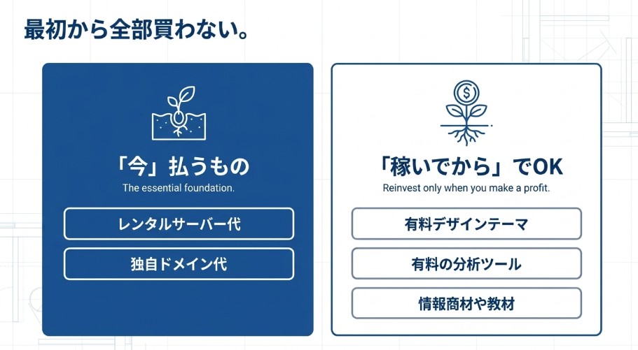 ブログ開始時はレンタルサーバーと独自ドメインに費用をかけ、有料テーマやツールは収益後に検討する考え方