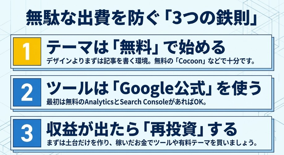 無料テーマとGoogleの無料ツールを使い、収益が出てから再投資するブログ費用節約の3つのポイント