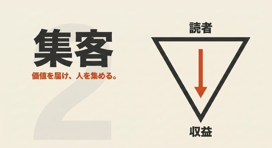 読者へ価値を届けて集客し、収益につなげる流れを示した図