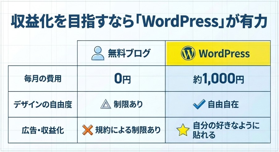無料ブログとWordPressの毎月の費用、デザイン自由度、広告・収益化の違いを比較した表