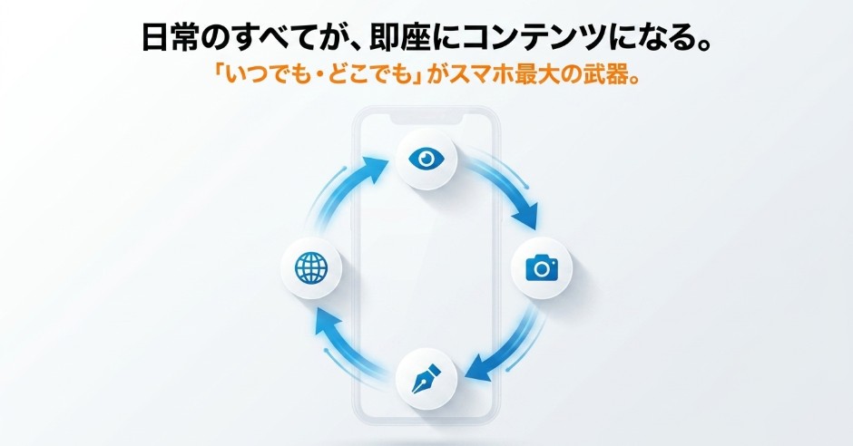 スマホを使って調査、写真撮影、執筆などを行い、いつでもどこでもブログのコンテンツを作れることを表す