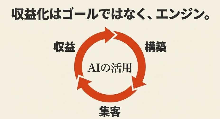 AIを活用しながら構築・集客・収益を循環させるブログ運営の流れを示した図