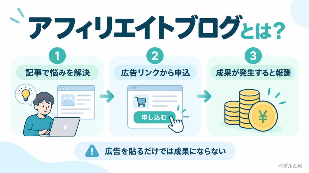記事で読者の悩みを解決し、広告リンクから申し込みがあると成果報酬が発生するアフィリエイトブログの仕組み