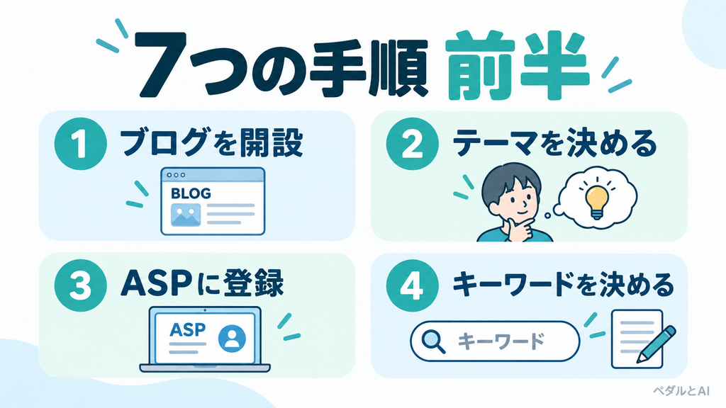 アフィリエイトブログの始め方前半。ブログ開設、テーマ決定、ASP登録、キーワード決定の4つの手順